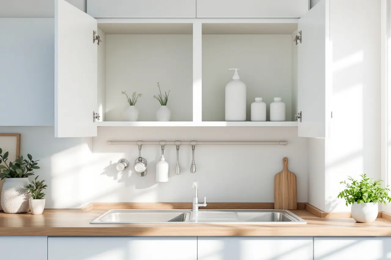 A bright kitchen with an open wall cabinet above the sink holding a few closed bottles